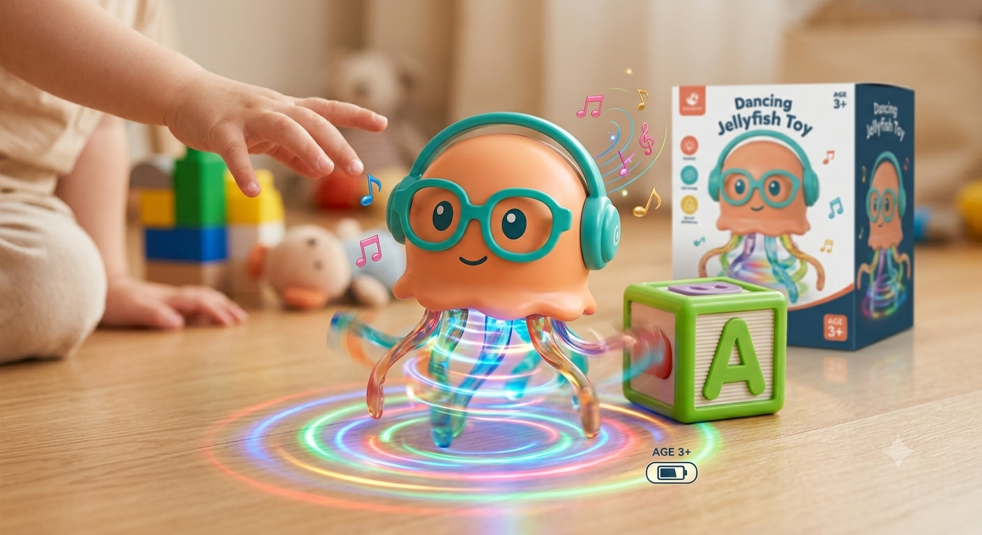Dancing Jellyfish Toy for Kids with Music, LED Lights & 360° Bump-and-Go Action – Battery Operated Cartoon Jellyfish Robot